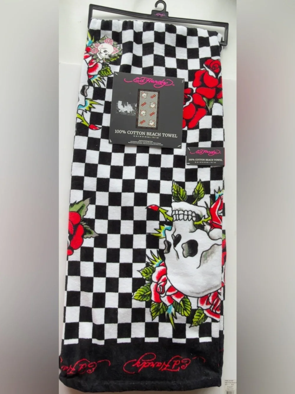 Ed Hardy Black, White & Pink Checkerboard Skull Beach Towel